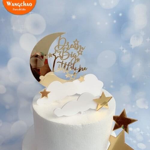 Dream Big Little One Moon Cloud Star Acrylic Happy Birthday Cake Topper Kids Baby Cake Decoration Party Supplies Child Favors