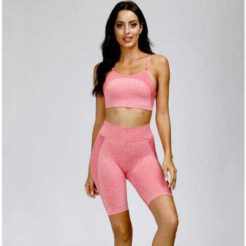 2 Pcs Sports Suits Set Seamless Yoga Set Workout Clothes For Women Sportswear High Waist Gym Shorts Padded Strappy Sports Bra