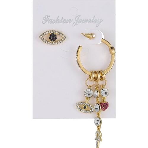 Korean Women Brides Ladies Temperament Alloy Cross Drill Eye C-Shape Asymmetric Crystal Heart Ear Dangle Drop Earrings Jewelry