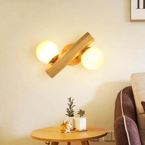 Nordic Style Solid Wood Wall Lamp Creative White Glass Ball Net Red Lights with Rotating Modern Minimalist Bedroom Bedside Lamp
