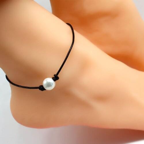 Fashion Black Leather Rope Pearl Anklets Summer Beach Adjustable Foot Chain Anklet Bracelet for Women Bohemian Jewelry