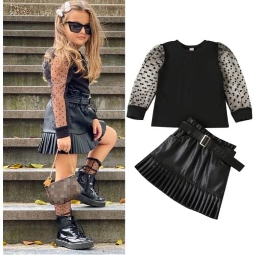 Fashion Children Girls Clothes Set Summer Fall Children Mesh Puff Sleeve Tops and PU Leather Pleated Skirt Outfits Set