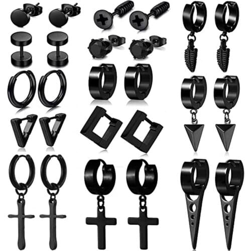 13 Pairs of Earrings Mens Black Stud Earrings Stainless Steel Ring Earring Set Men and Women Jewelry Huggie Ear Piercing Set