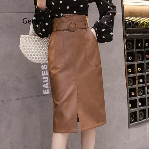 Autumn Winter Sashes Women PU Leather Sheath Midi Skirts High Waist Knee-Length Wrap Skirts with Pocket Saia Female