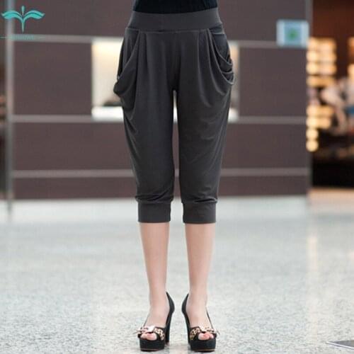 OUMOWEI Women Cropped Trousers New High Thin Section Waist Casual Pants Loose Solid Color Harem Pants M-6XL Size