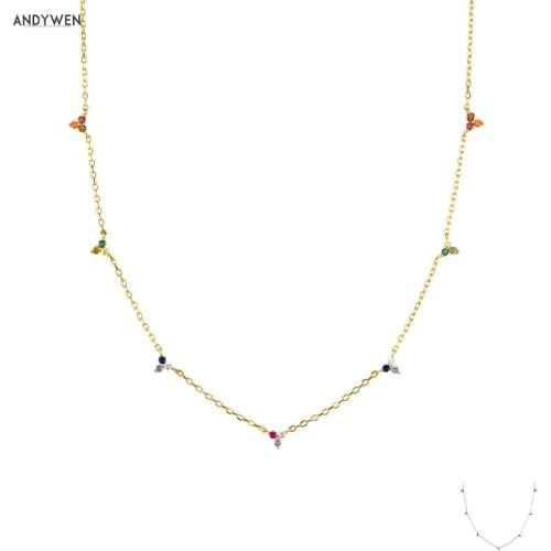 ANDYWEN 925 Sterling Silver Rainbow Three Zircon Charm Choker Necklace Long Chain Small Women Wedding Jewelry Gift Luxury