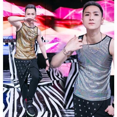 Personality slim Hip hop jazz male sleeveless vest men Sequin clothing punk rock street singer dance stage fashion gold silver