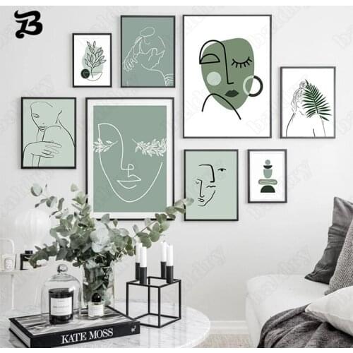 Nordic Green Wall Art Pictures Modern Abstract White Lines Flowers and Figures Canvas Painting for Living Room Home Decoration