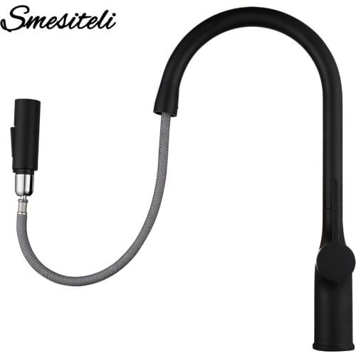 Smesiteli Black Brass Deck Mounted Kitchen Faucet Two Function Single Handle Pull Out Mixer Hot and Cold Water Pull Out Taps
