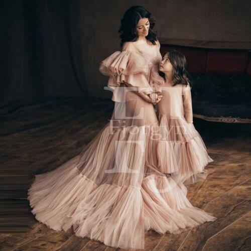 A-Line Ruffles Tulle Robe Mum & Kids Dress Ball Gown Vestido Mother and Daughter Dresses for Photography Events Gowns Maternity