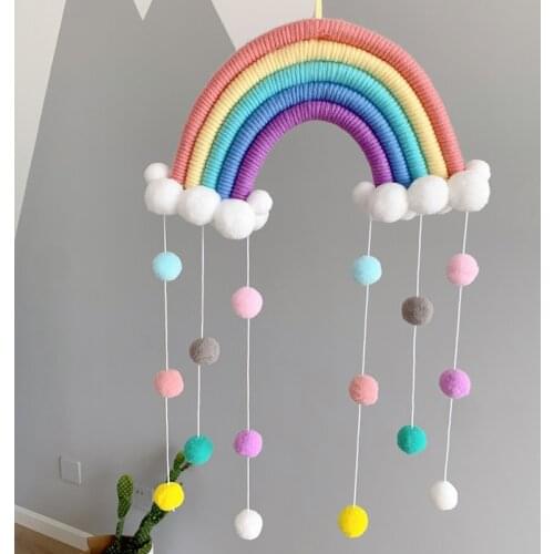 INS Style Room Decoration Handmade Woven Cotton Rope Rainbow Hanging Decoration Wall Hanging Decor With Felt Ball Photo Props