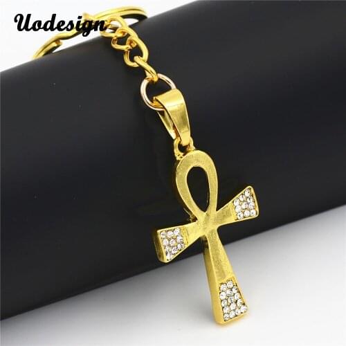 Uodesign Hip Hop Alloy Gold Color Cross Pendant Keychain Religious Rhinestone Hiphop Car Keychain Jewely For Men