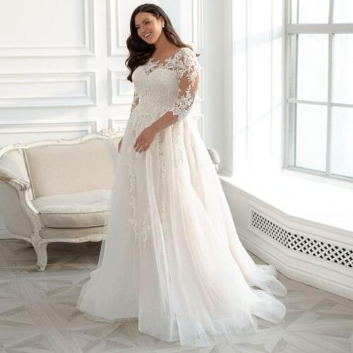 Vestidos Elegant Wedding Dresses Netting Appliques Pleat V-Neck Three Quarter Covered Button Plus Size Ball Bridal Gowns