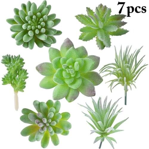 7 Pcs/Set Green Flocking Succulents Decorative Artificial DIY Plants Ornament For Office Living Room Bathroom Accessories