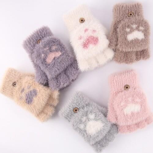 Iwarm Korean Version Autumn And Winter Female Womens Touch Screen Gloves Cute Cartoon Plush Cat Scratch Flip Half Finger Glove