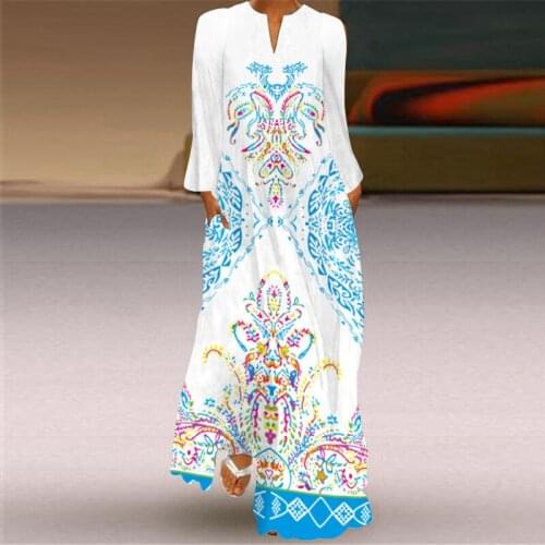 Women Autumn Retro Print Dresses 2021 Boho Plus Size Long Sleeve V-Neck Maxi Dreeses Loose Flowy Long Party Dress Vestido S-5XL