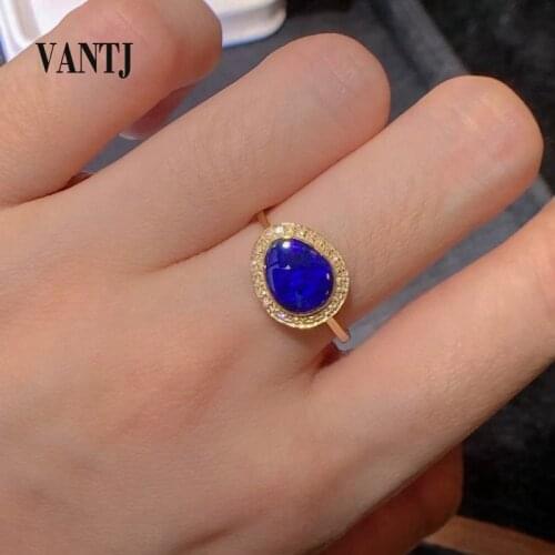 VANTJ 100% Natural Blue Opal Rings Sterling 14K Yellow Gold from Australia Gemstone Diamond for Women Party Birthday Gift