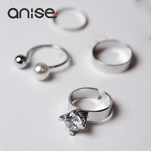 Anise Mixed Design Ring Sets Ladies Geometry Metal Imitation Pearl Zircon Rings For Women Jewelry anillos mujer bagues bijoux