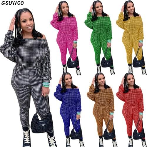 Gsuwoo Long Sleeve Off the Shoulder Tops Pants Set for Women Fashion Autumn Glaid Stacked Sleeve Leggings Outfits Clothes S-XXL