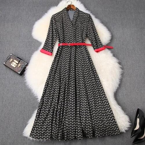 Vintage Printed V-neck Dresses Runway 2020 New Superior Quality Spring Lady Casual Long Dress Women Slim Retro Party Dress Belt