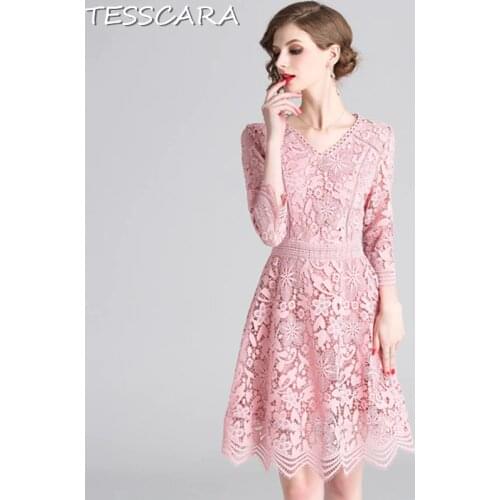 TESSCARA Women Summer Elegant Lace Dress Festa Female High Quality Vintage Designer Vestidos Office Party Pink Short Robe Femme