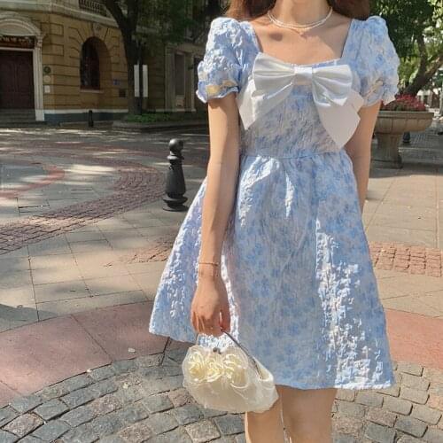 Sweet Lolita Women Princess Dress Japanese Jacquard Square Neck Fairy Bow Puff Sleeve Dress Vintage Soft Girl French Party Dress