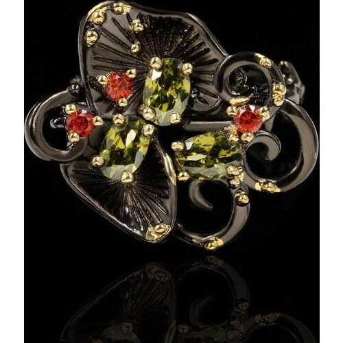 925 silver Vintage palace embossed orchid black and gold two-tone ring for women high quality geometric ring jewelry gift