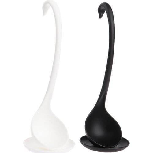 White/Black Swan Shaped Soup Ladle Design Special Upright Swan Spoon Useful Kitchen + Saucer Cooking Tools