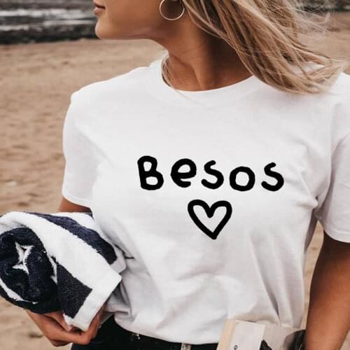 Besos Heart Love 100%Cotton Women Tshirt Spanish Summer Casual O-Neck Short Sleeve Top Valentines Day Shirt Gift For Her