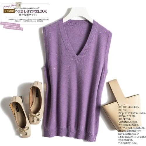Welfare does not change 2021 spring and autumn bead piece V-neck sleeveless sweater vest pure wool sweater womens top