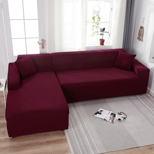 Elastic Corner Sectional Sofa Cover for Living Room 2 3 4 Place Wine Red Solid Color L Shape Protection Chaise Longue Covers