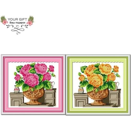 Joy SundayH015(1)(2) Free Shipping 14CT 11CT Counted and Stamped Home Decor Rose Vase Pink Yellow Needlecraft Cross Stitch kits