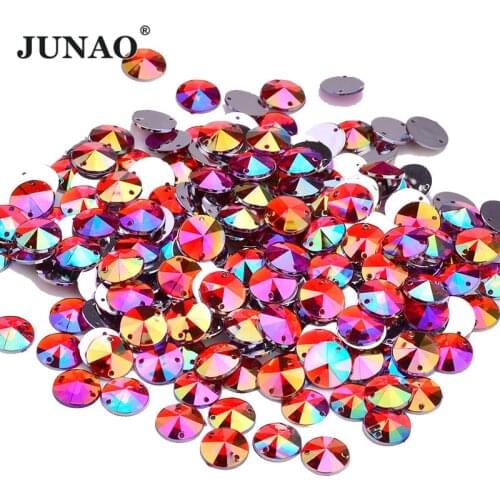 JUNAO 1000pcs 10mm Red AB Rivoli Sew on Rhinestones Round Beads Stones Flatback Sewing Crystal Strass for Needlework Crafts