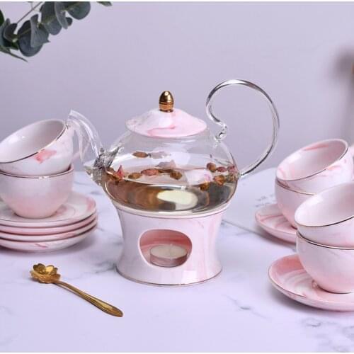 Northern European-Style Marbling Ceramic Glass Flower Teapot Set Heat-Resistant Household Transparent Heating Afternoon Camellia