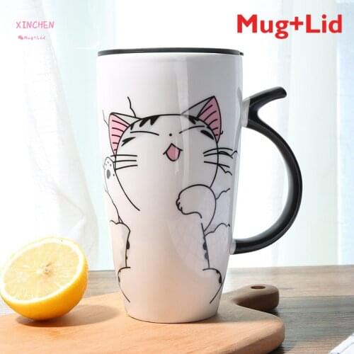 600ml Cute Cat Ceramics Coffee Mug with Lid Large Capacity Animal Mugs Creative Drinkware Coffee Tea Cups Novelty Gifts Milk Cup