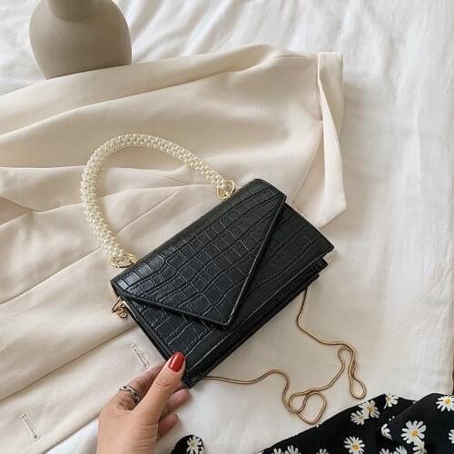 Pearl Chain Design Small Womens Handbags PU Leather Crossbody Bags for Women 2021 Fashion Wild Shoulder Bag Solid Color Tote