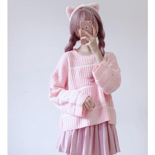 Sweet Cute Girls Womens Knitted Sweater Striped Pullovers Long Flare Sleeve Fall Winter Sweaters 2018 Autumn Clothes