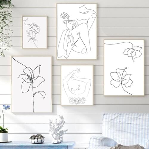Minimalist Lady Line Drawing Picture Home Decor Flower Canvas Painting Wall Figure Body Hand Posters and Print for Living Room