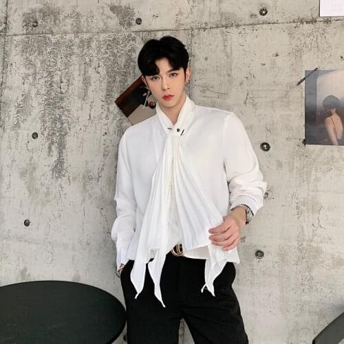 2019 New Men Pleated Collar Long Sleeve Casual Shirts Male Vintage Fashion Dress Shirt Gothic Punk Style Shirt