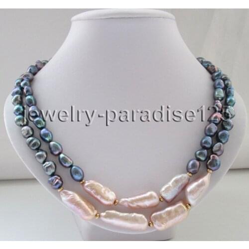 2row 19"-20" 11mm black& 21-28mm baroque keshi reborn freshwater pearl necklace