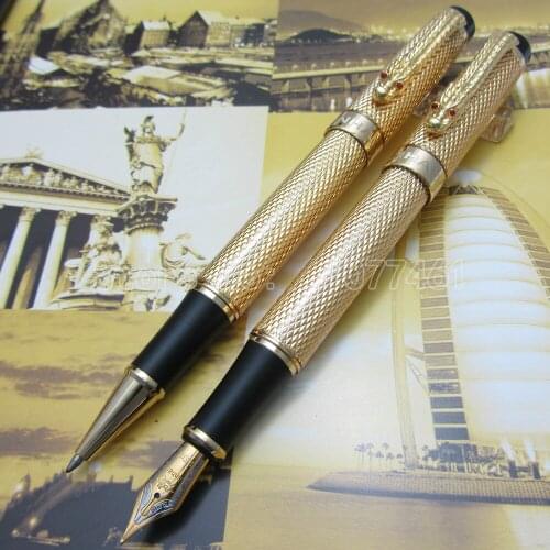 2PCS JINHAO Gold Surface DRAGON Clip Fountain Pen and Roller ball pen gold White Bronze Brass Optional J1K66F