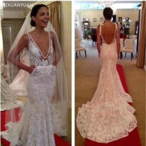 Sexy Backless Mermaid Wedding Dresses Deep V Neck Straps Full Lace Illusion Bodice Sweep Train Bohemian Bridal Gown Wedding Gown