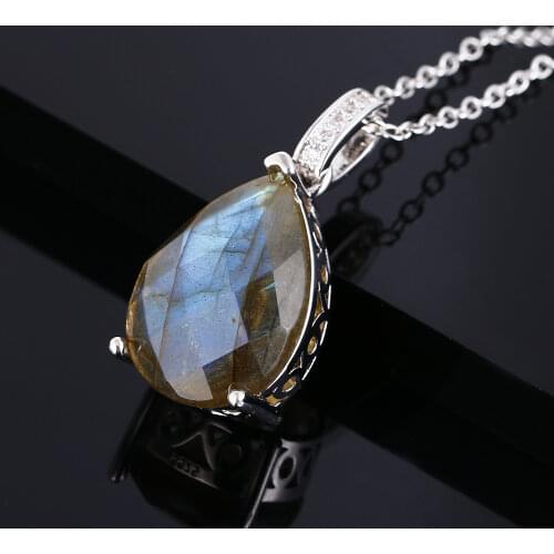 Silver Pendant Necklace Large Pear Shape 13 * 18MM Labradorite and Yellow Agate Stone Pendant Necklace Gift Anniversary