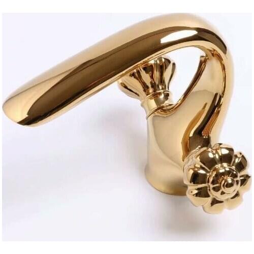 Gold Finish double fowers handles bathroom lavatory washbasin sink faucet mixer tap Single Hole