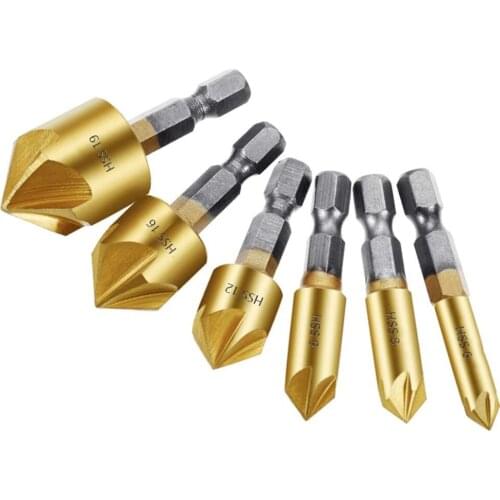 3Pcs 5 Flutes HSS Countersink Chamfer Drill Bit 1/4" 90 Degree Wood Chamfering Cutter 6mm-19mm Dril Bit Power Tool Accessories