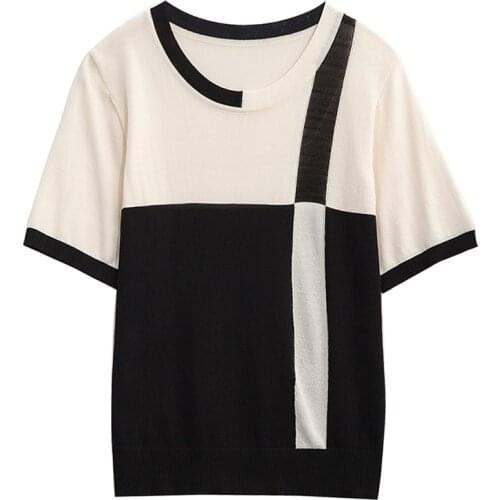 Thin Section Patchwork Knitted Sweater Female Round Neck Fashion short Sleeve Bottoming Jumpers Pullover Women Summer