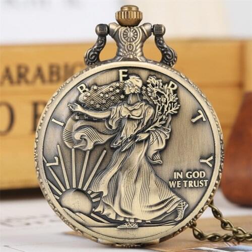 Vintage Bronze U.S. Coin Display Quartz Pocket Watch Necklace Pendant Souvenir Gifts for Men Women with 30/80 cm Chain