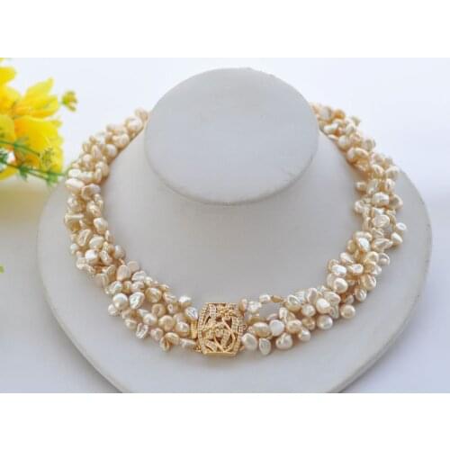 P7646 4Row 18" 9mm Yellow Baroque Lamina keshi Pearl Choker Necklace CZ