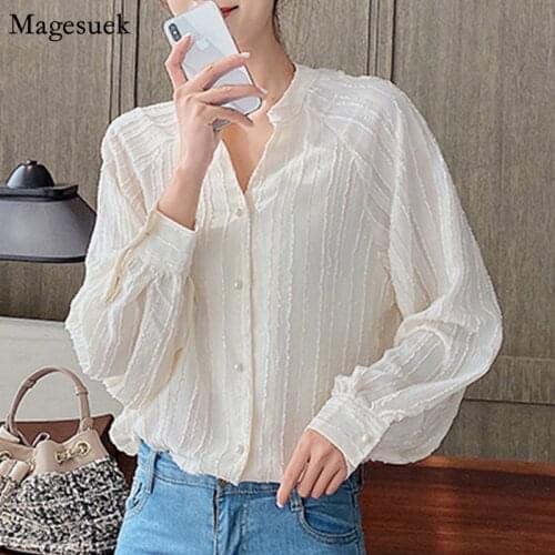 2021 Autumn Puff Sleeve V-neck White Shirt Women Pleated Casual Cardigan Plus Size Chiffon Blouse Women Blusas De Mujer 10625