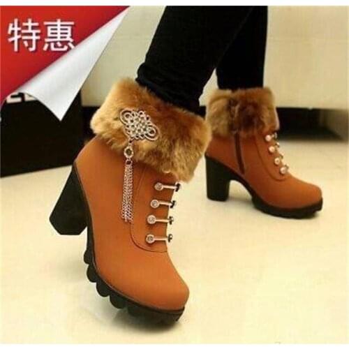 2019Square heel women winter shoes classic buckle warm fur snow ladies boots high heels black platform ankle boots women botas